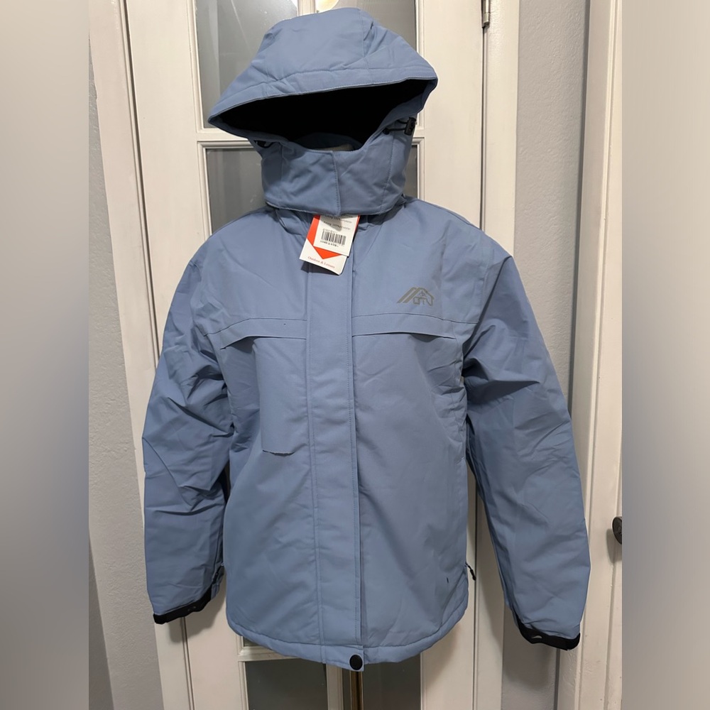OTU Blue Hooded Fur Lined Waterproof Ski Hooded Snow Jacket Windbreaker Unisex